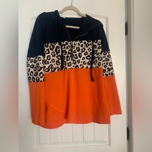 Orange and Navy  with Leopard Print Colorblock Hoodie